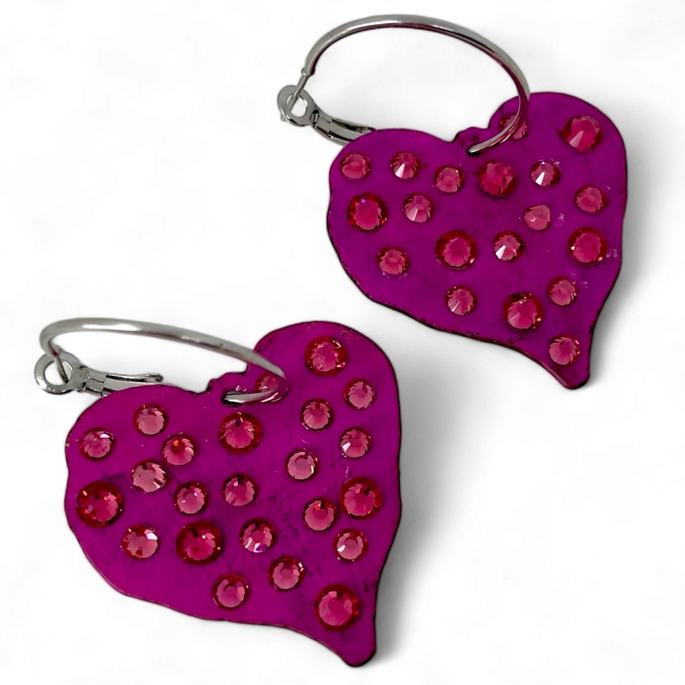 Pink Heart Metal Earrings Embellished with Pink Rhinestones, Lightweight